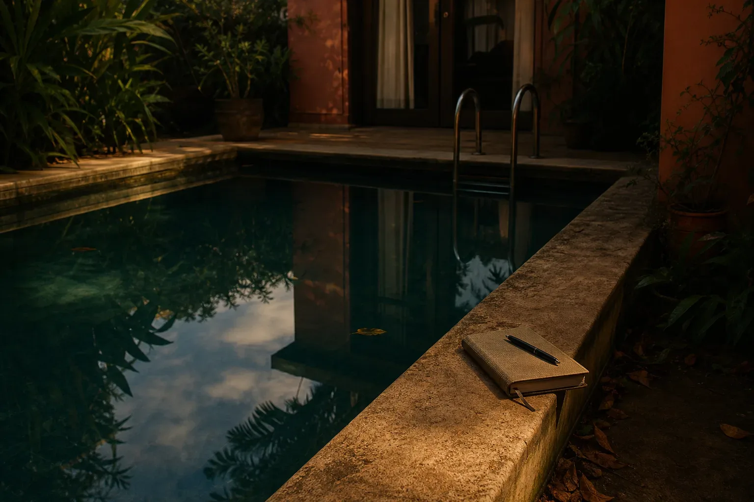 Piscina calma ao amanhecer em uma casa silenciosa