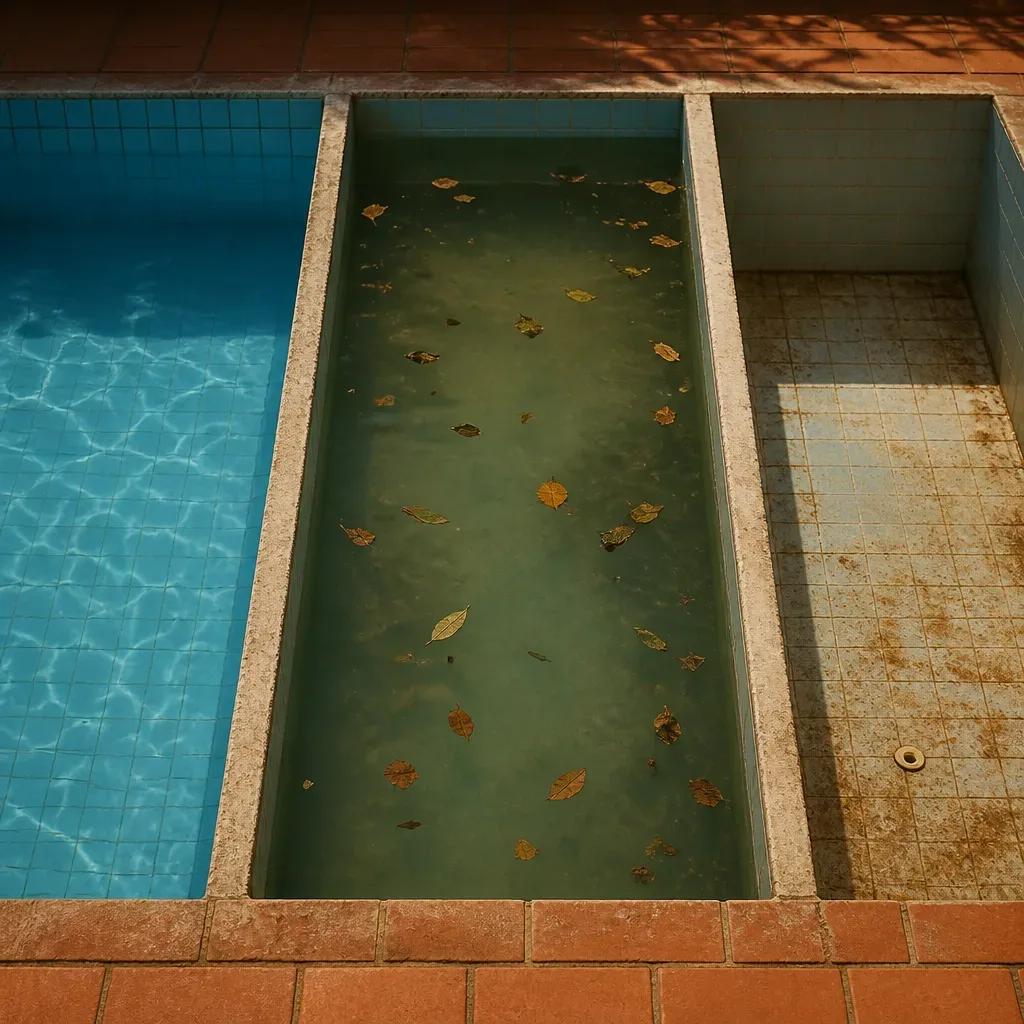 Piscinas limpa, suja e vazia lado a lado