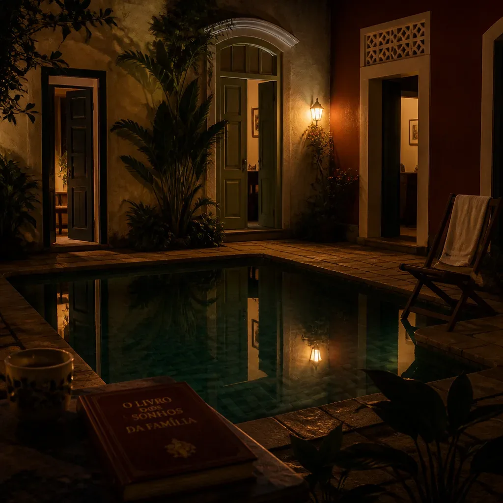 Piscina em pátio desconhecido com portas abertas
