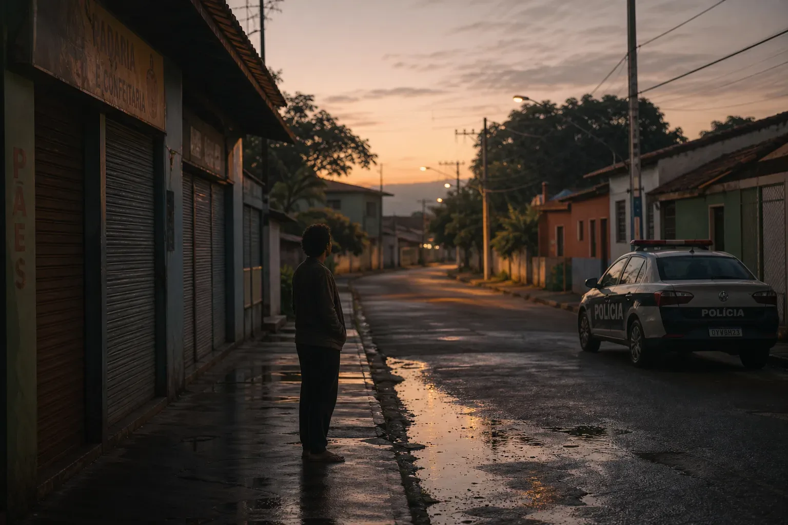 Pessoa diante de uma viatura em rua silenciosa