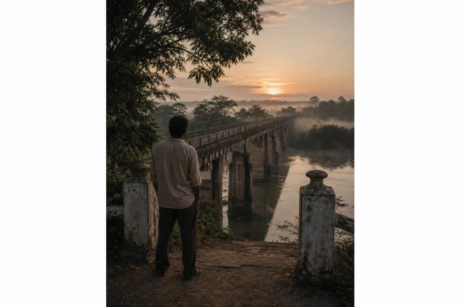 Pessoa diante de ponte ao amanhecer