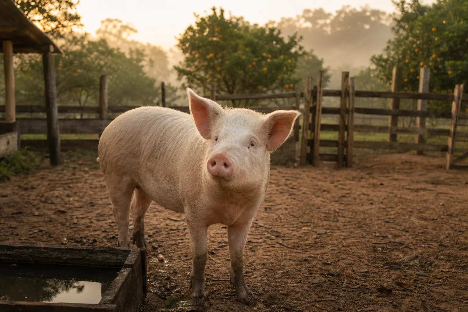 Porco claro em quintal rural ao amanhecer