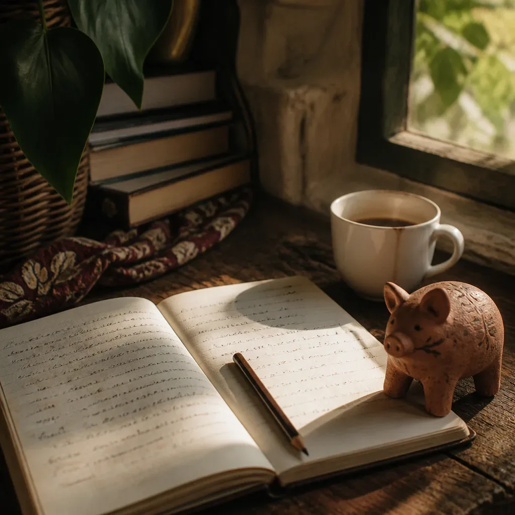 Caderno de sonhos com café e porco de barro