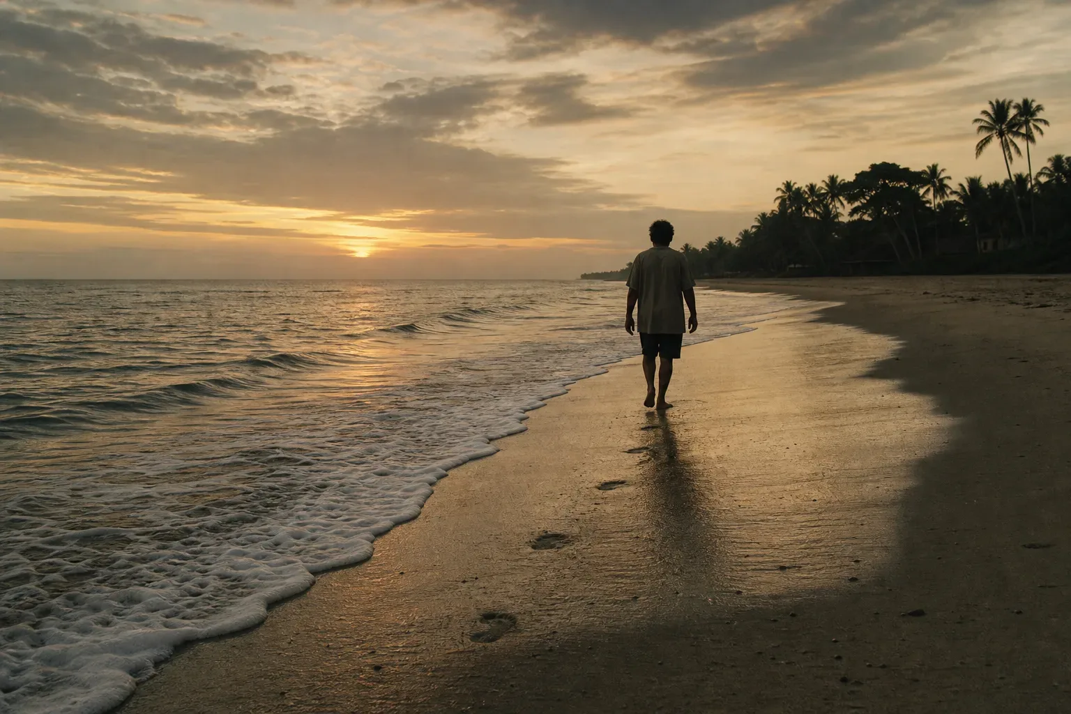Pessoa caminhando sozinha na praia ao amanhecer