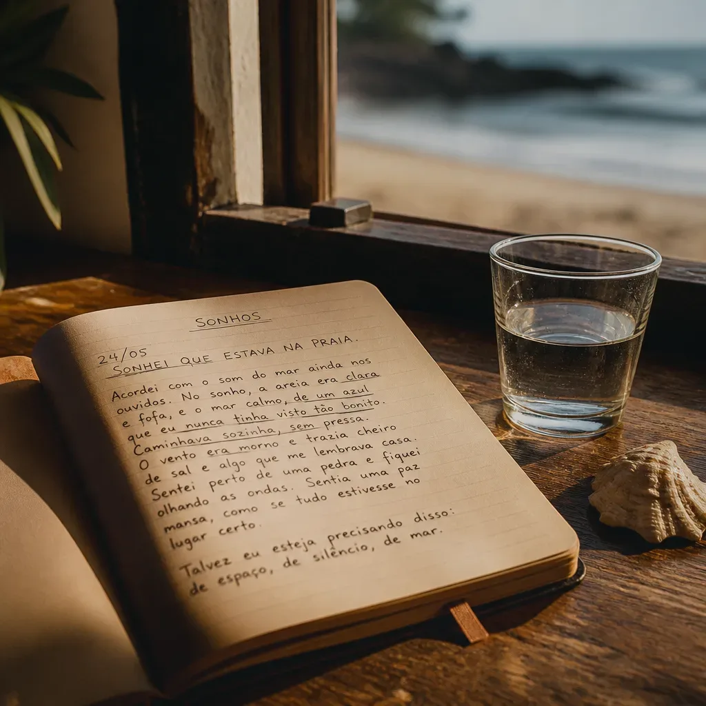 Caderno com anotações de sonho e concha