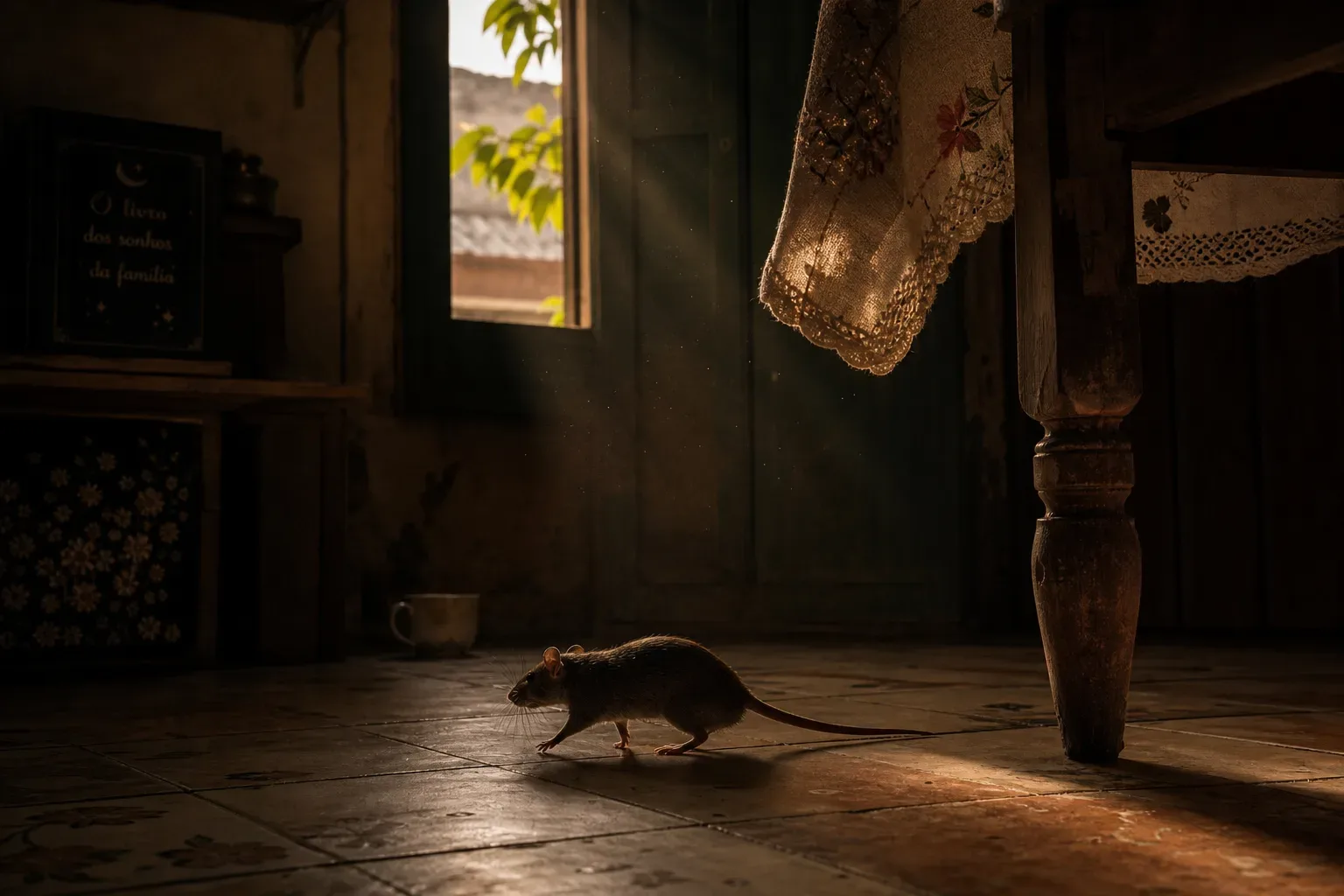 Rato pequeno atravessando uma cozinha antiga