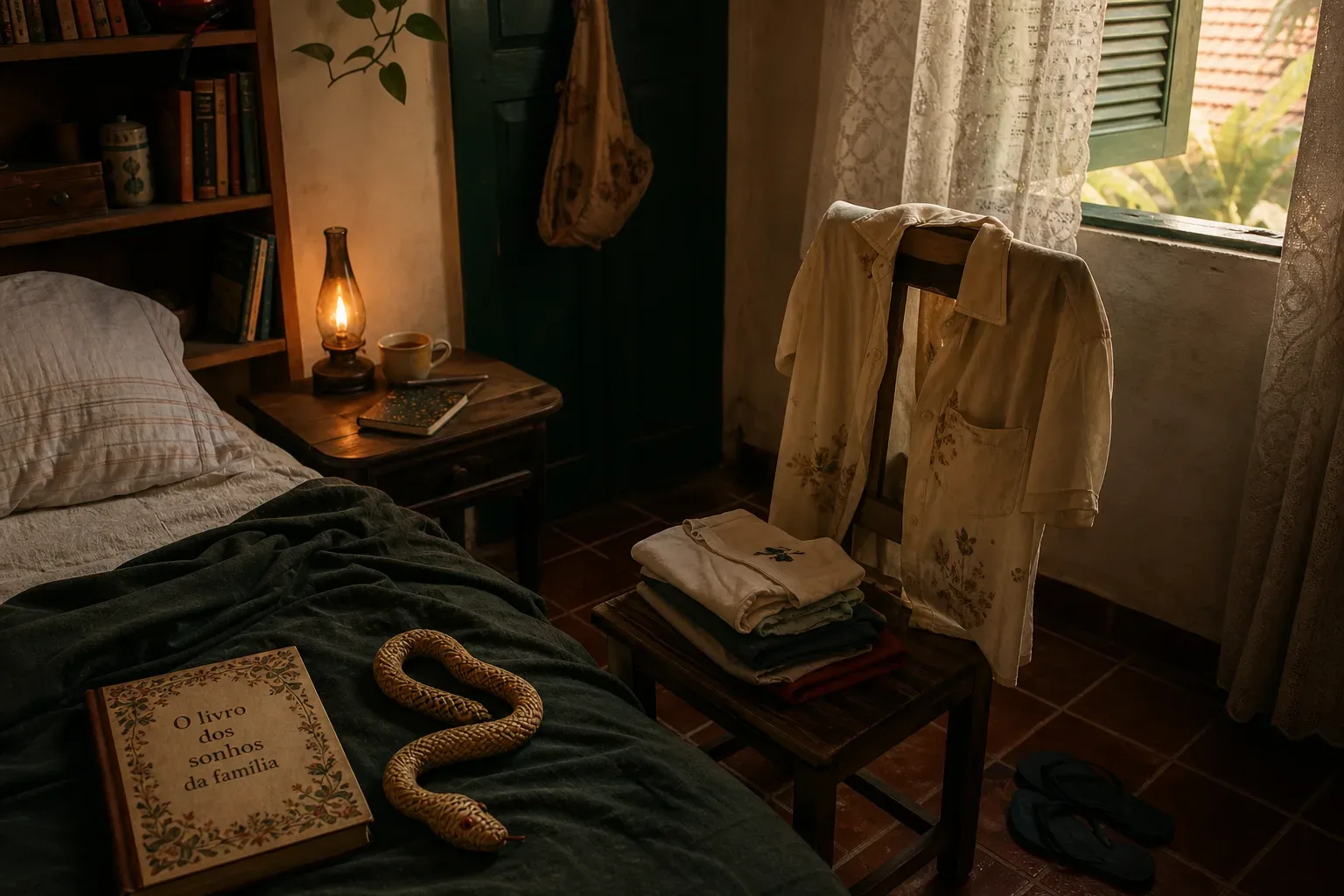 Roupa suja pendurada em quarto silencioso ao amanhecer