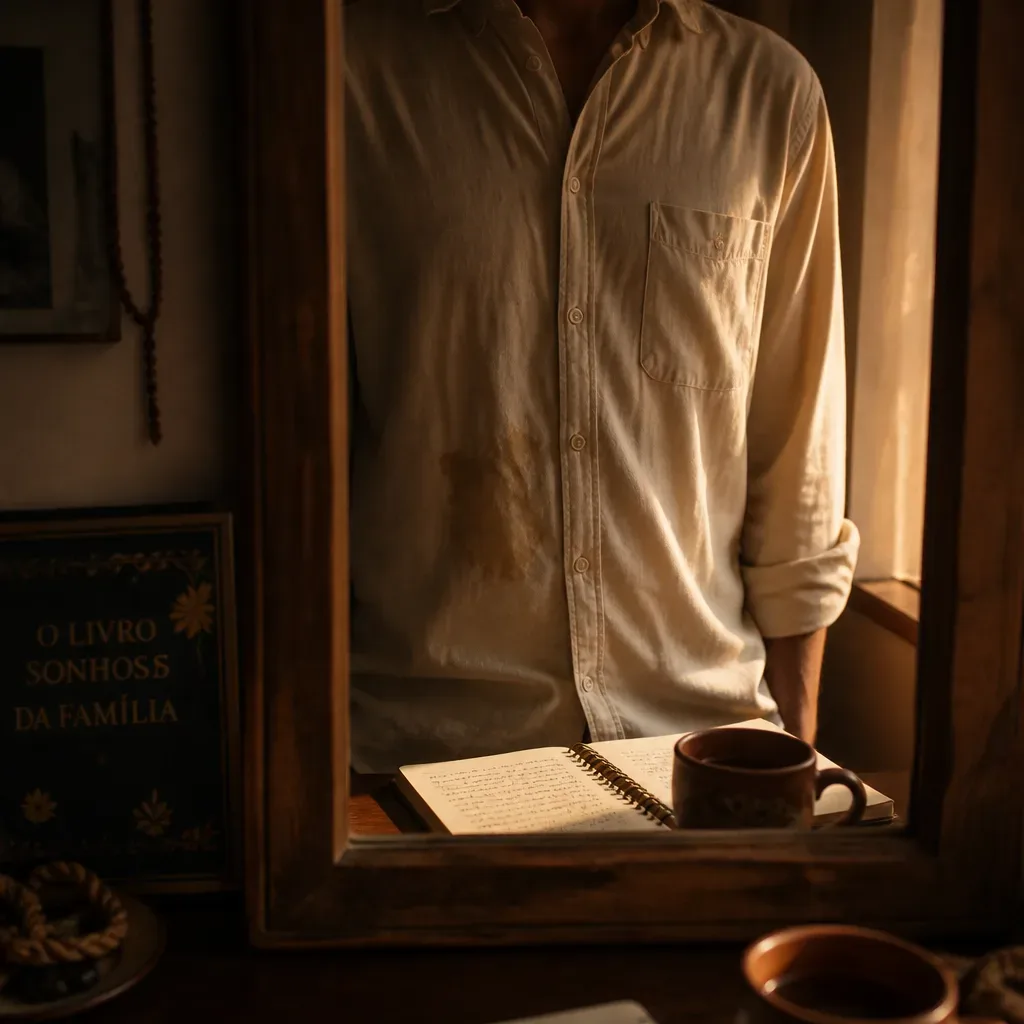 Pessoa diante do espelho com camisa manchada