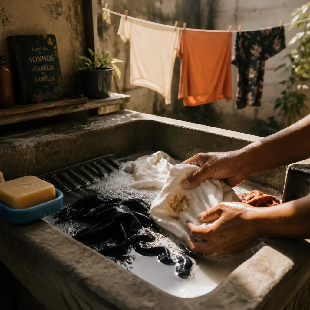 Mãos lavando roupa manchada em tanque simples
