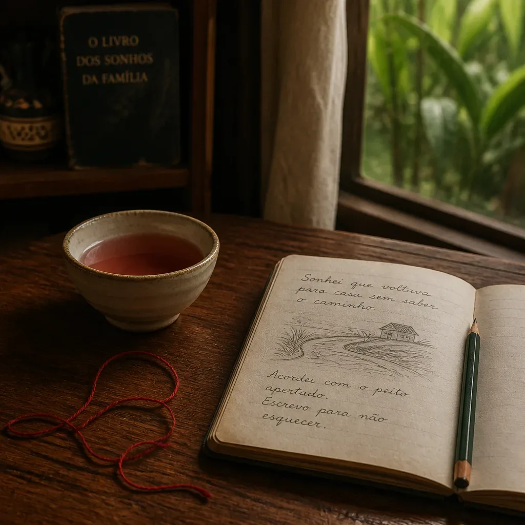 Caderno com fio vermelho e tigela na mesa