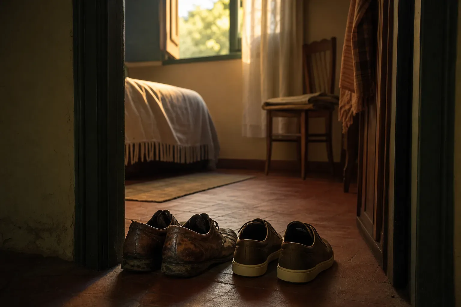 Sapatos na porta ao amanhecer