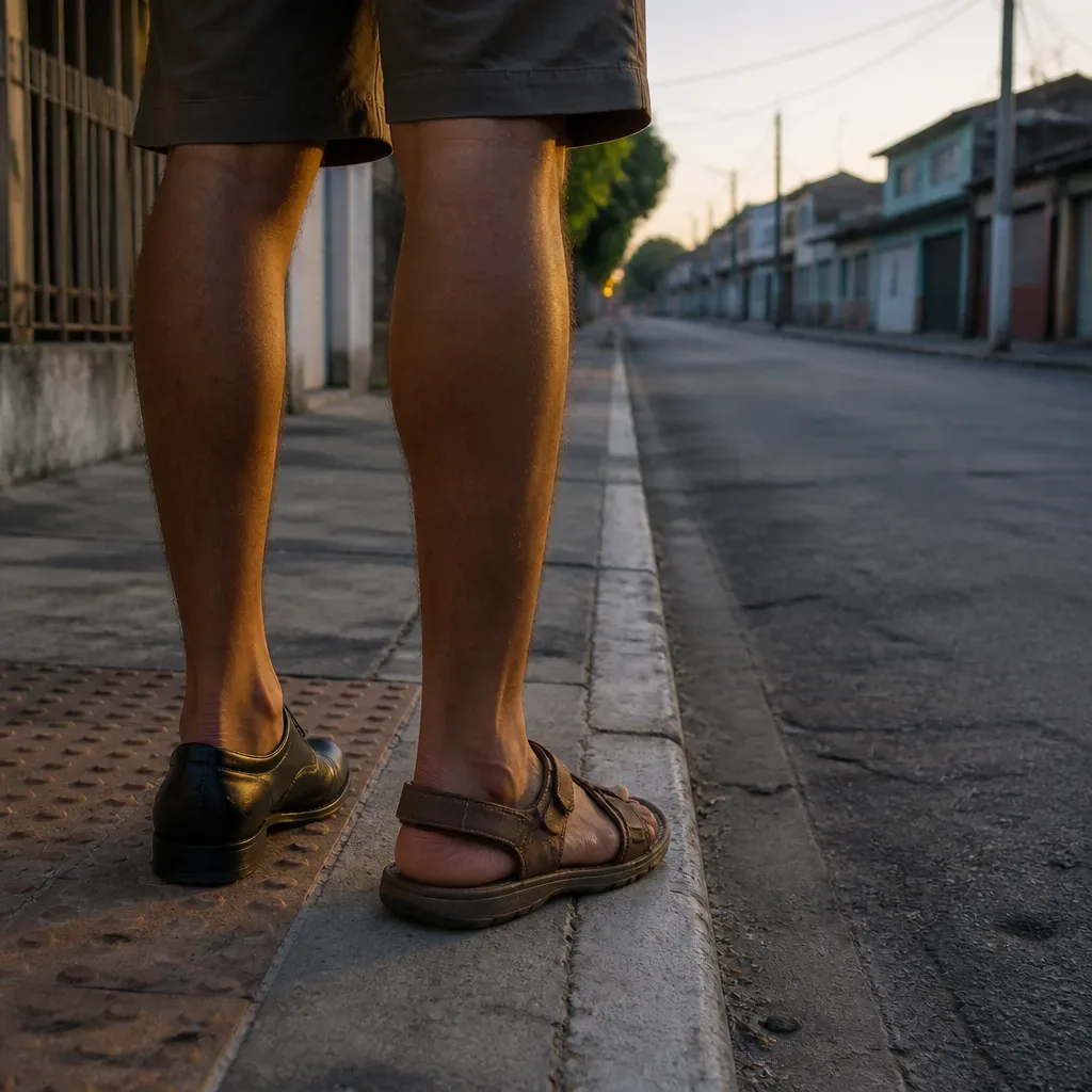 Pessoa com sapatos diferentes na calçada