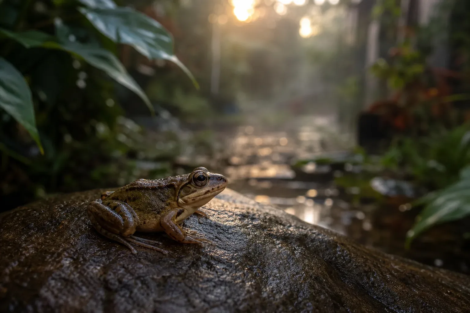 Sapo parado em pedra úmida ao amanhecer