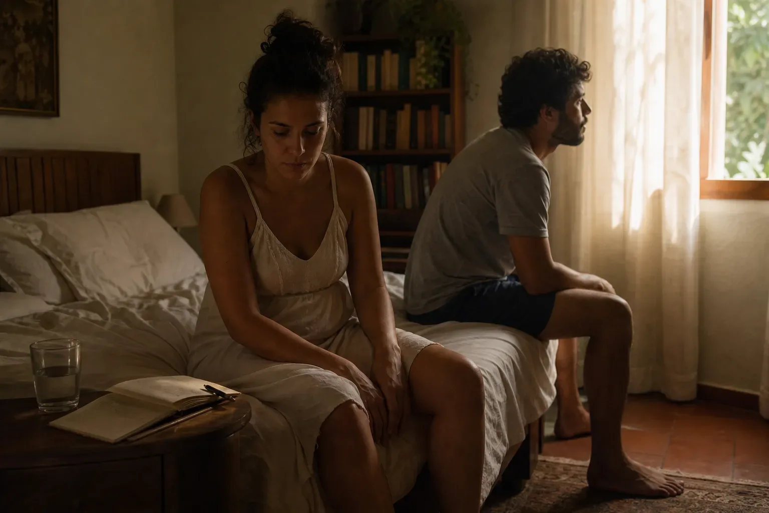 Casal em silêncio ao amanhecer depois de um sonho