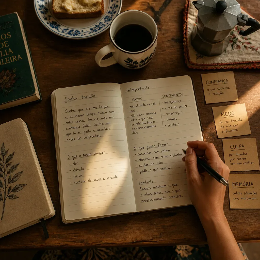 Caderno de sonhos com café e anotações de confiança