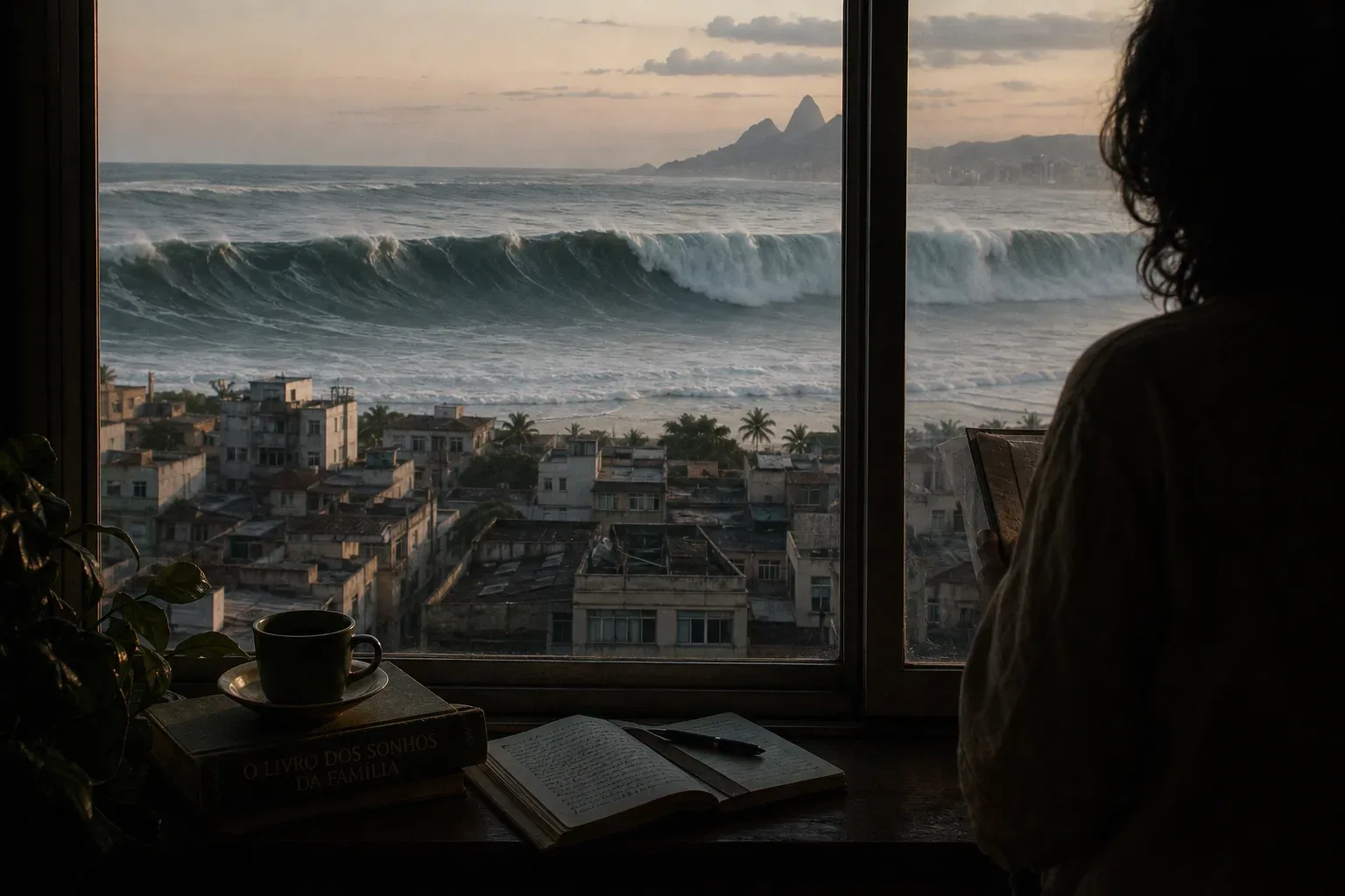 Onda gigante chegando a uma cidade ao amanhecer