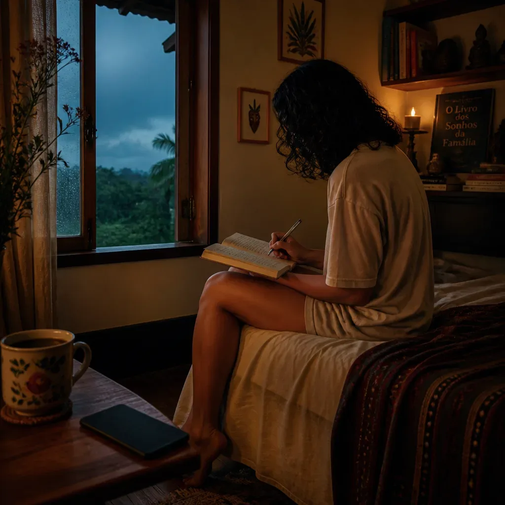 Pessoa escrevendo sonho ao acordar na cama
