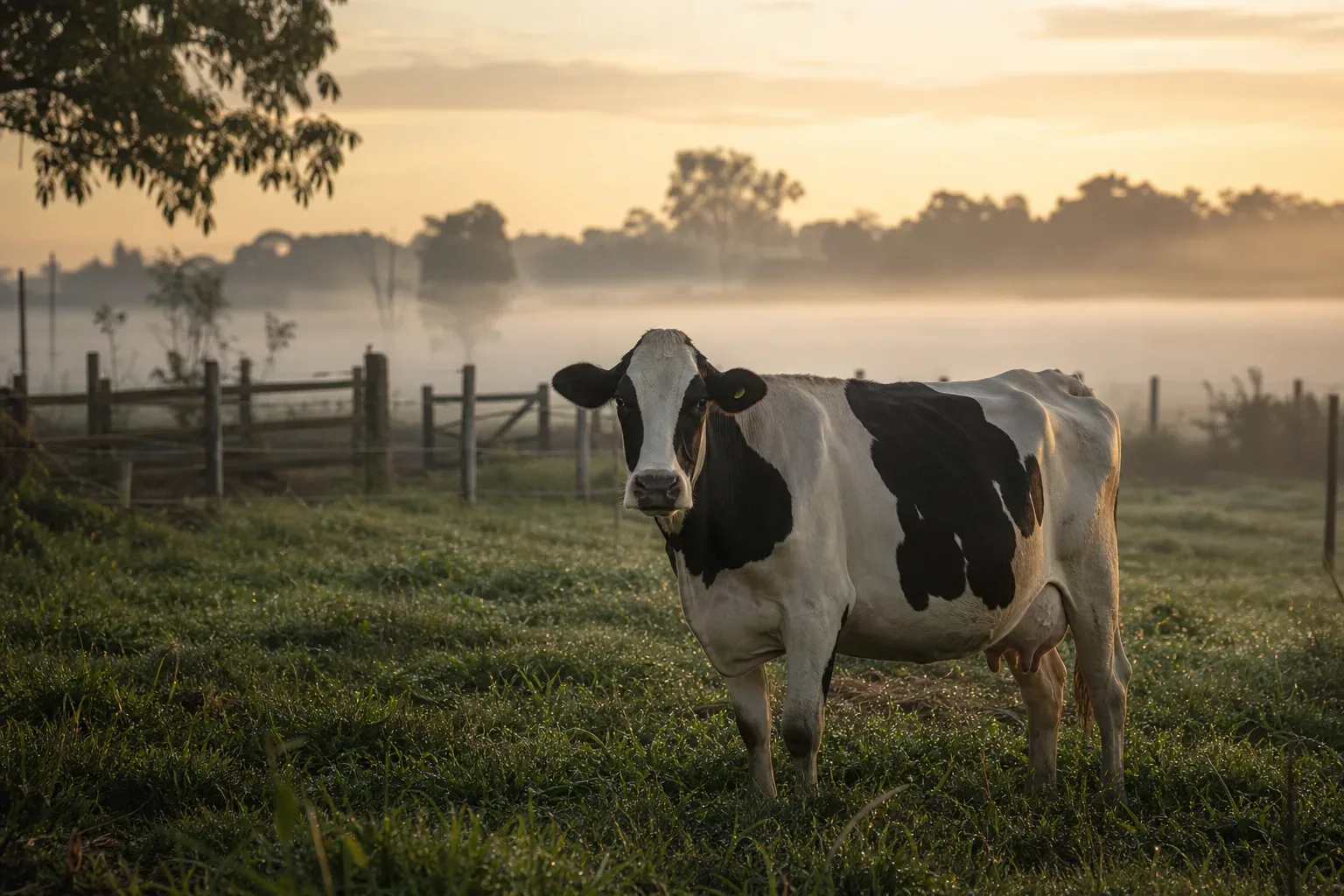 Vaca tranquila em pasto ao amanhecer
