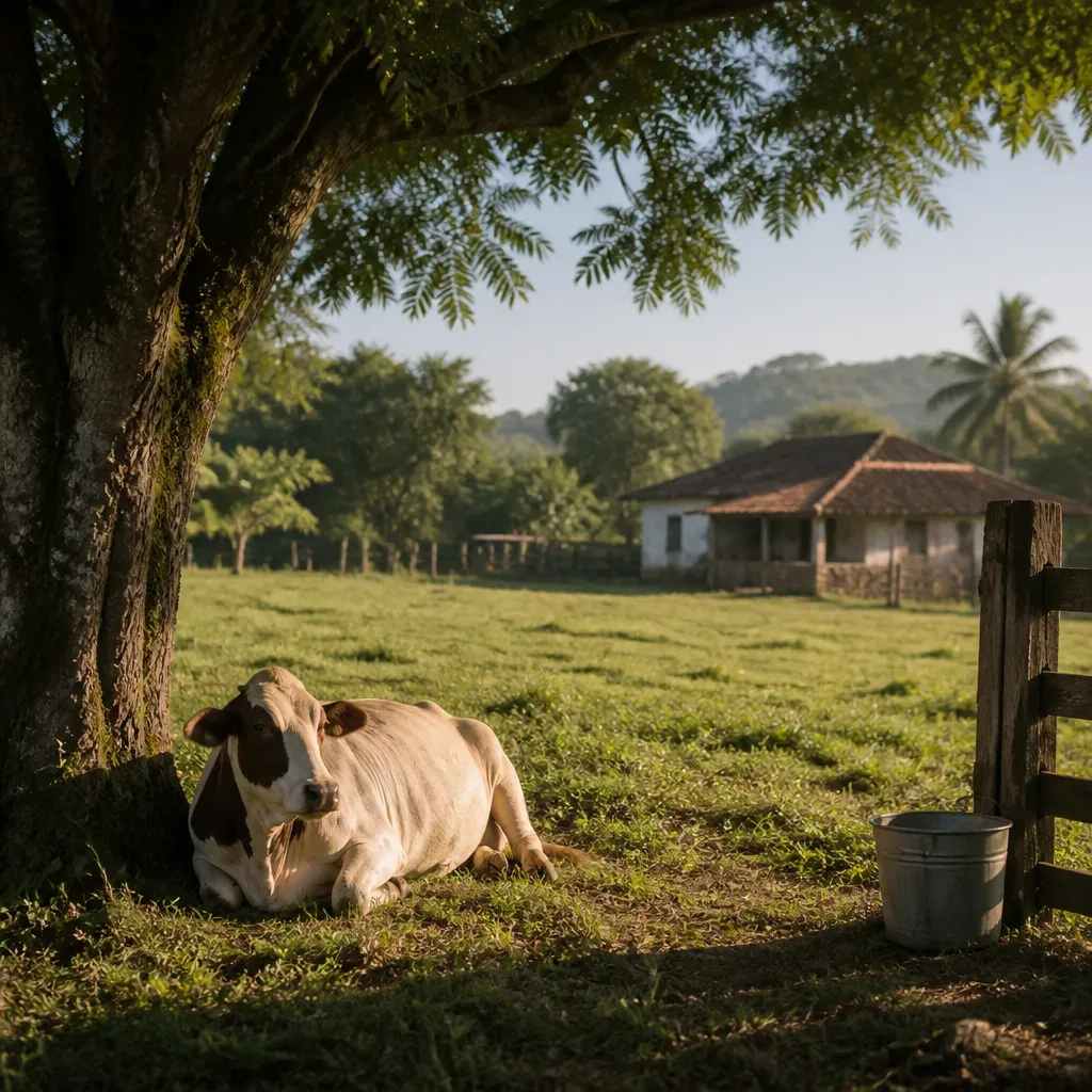 Vaca descansando à sombra em campo rural