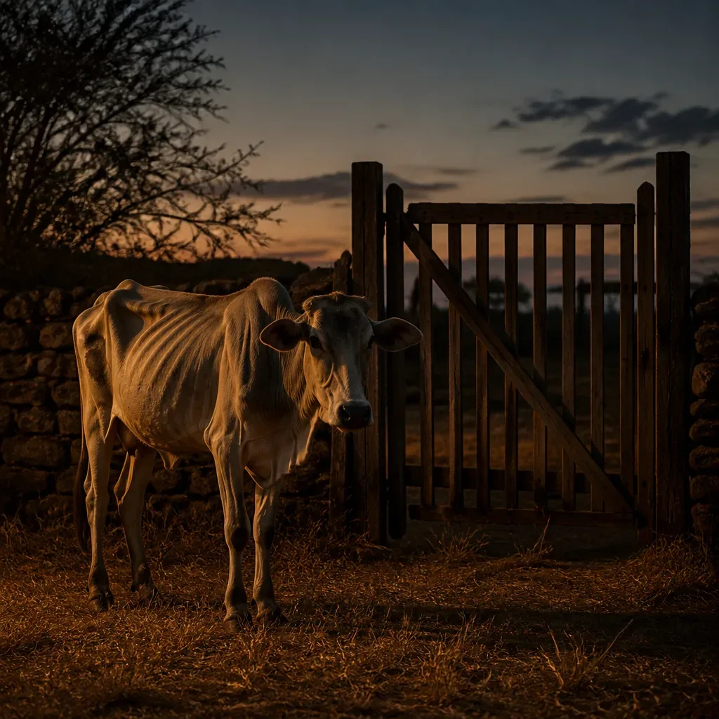 Vaca magra perto de porteira fechada