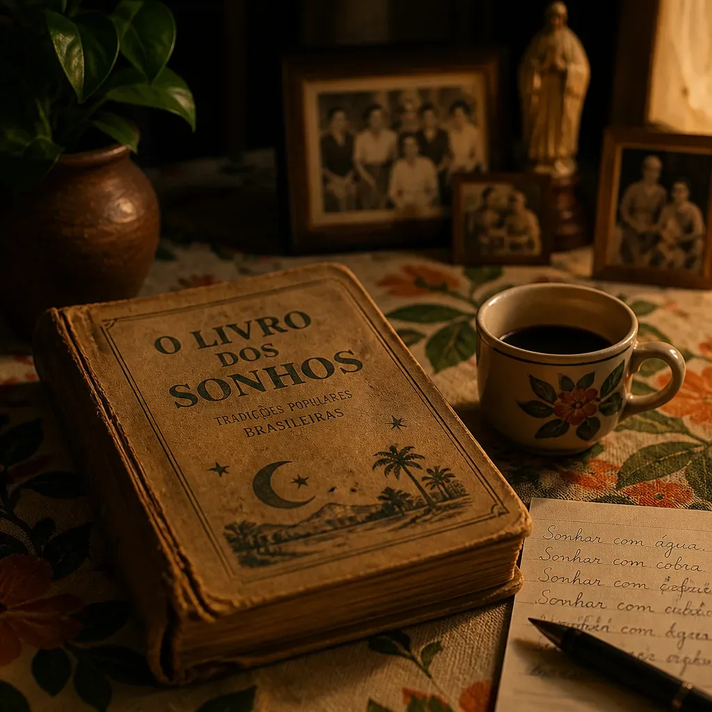 Livro de sonhos antigo sobre mesa brasileira