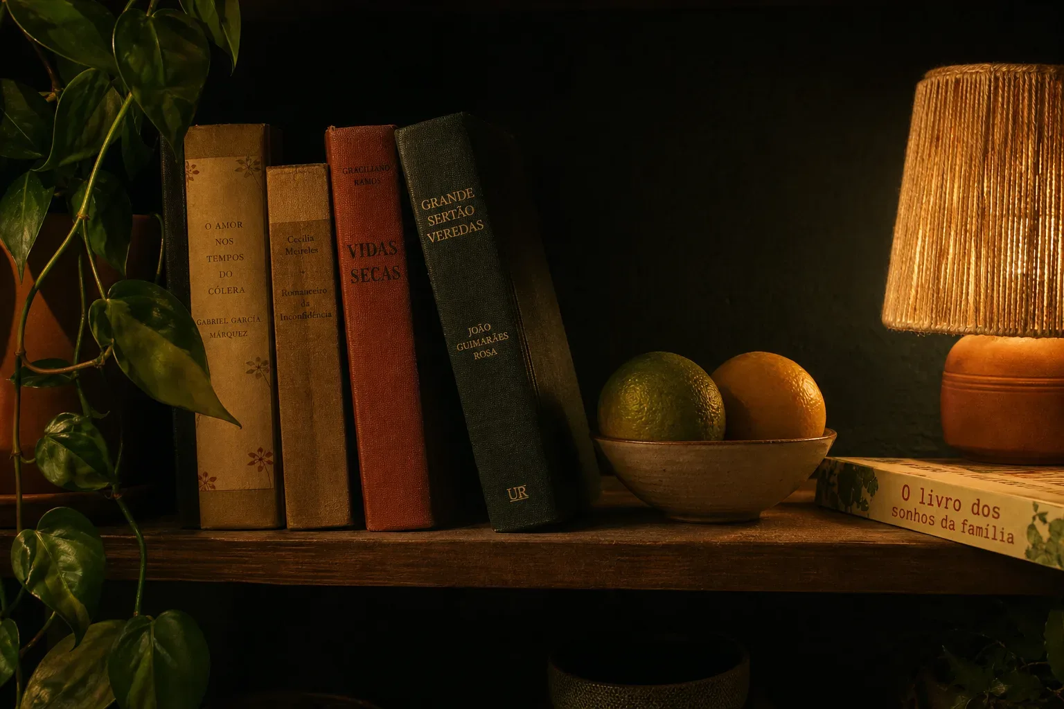 A wooden shelf at night with a few old books, a ceramic bowl of fruit, and a lamp.