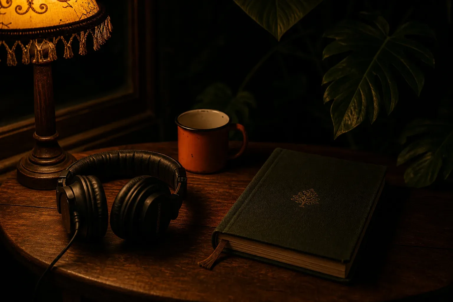 Headphones and a small coffee cup on a wooden table at night, tropical leaves in shadow.