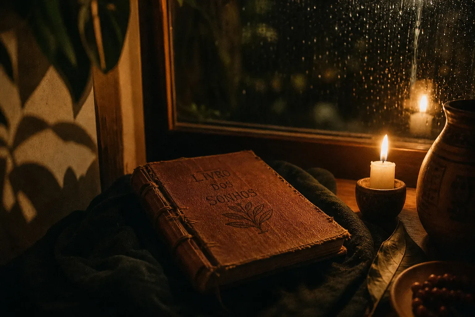A cloth-bound notebook and a single candle on dark cotton, rain visible on the window.